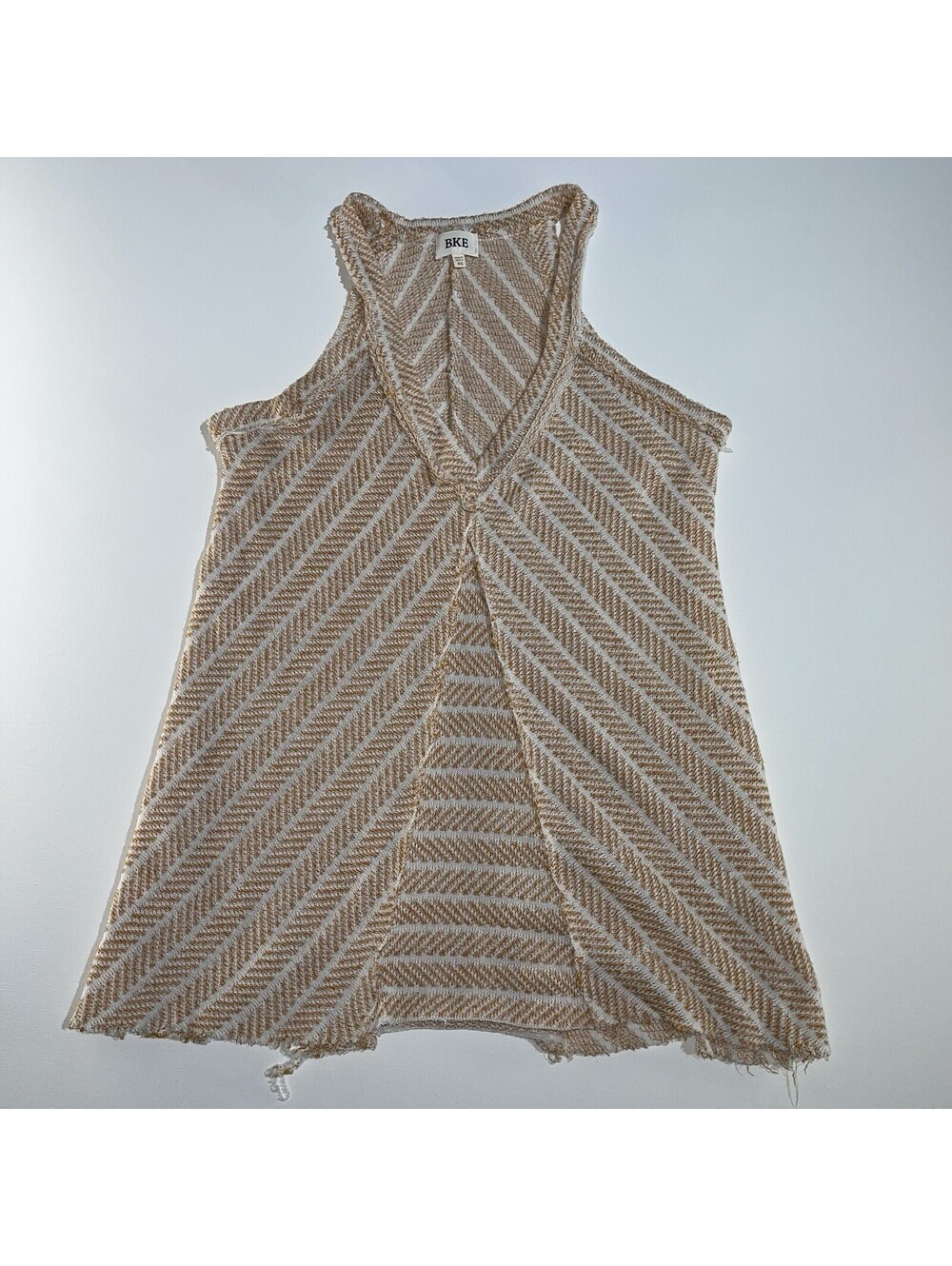BKE Chevron Knit Sleeveless Tank Top XS Beige White Textured Stretch Boho Fringe